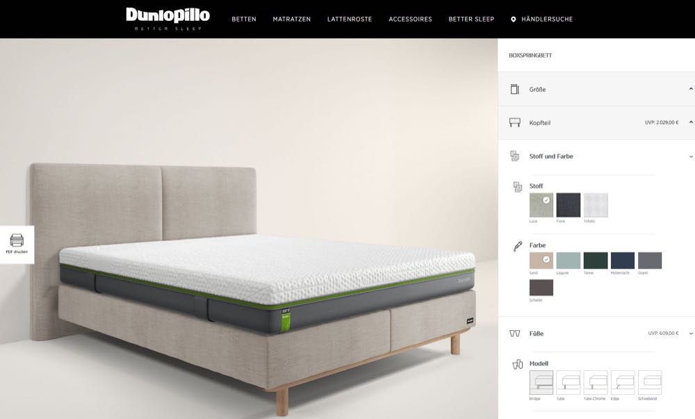 Dunlopillo mit neuem Bettenkonfigurator online