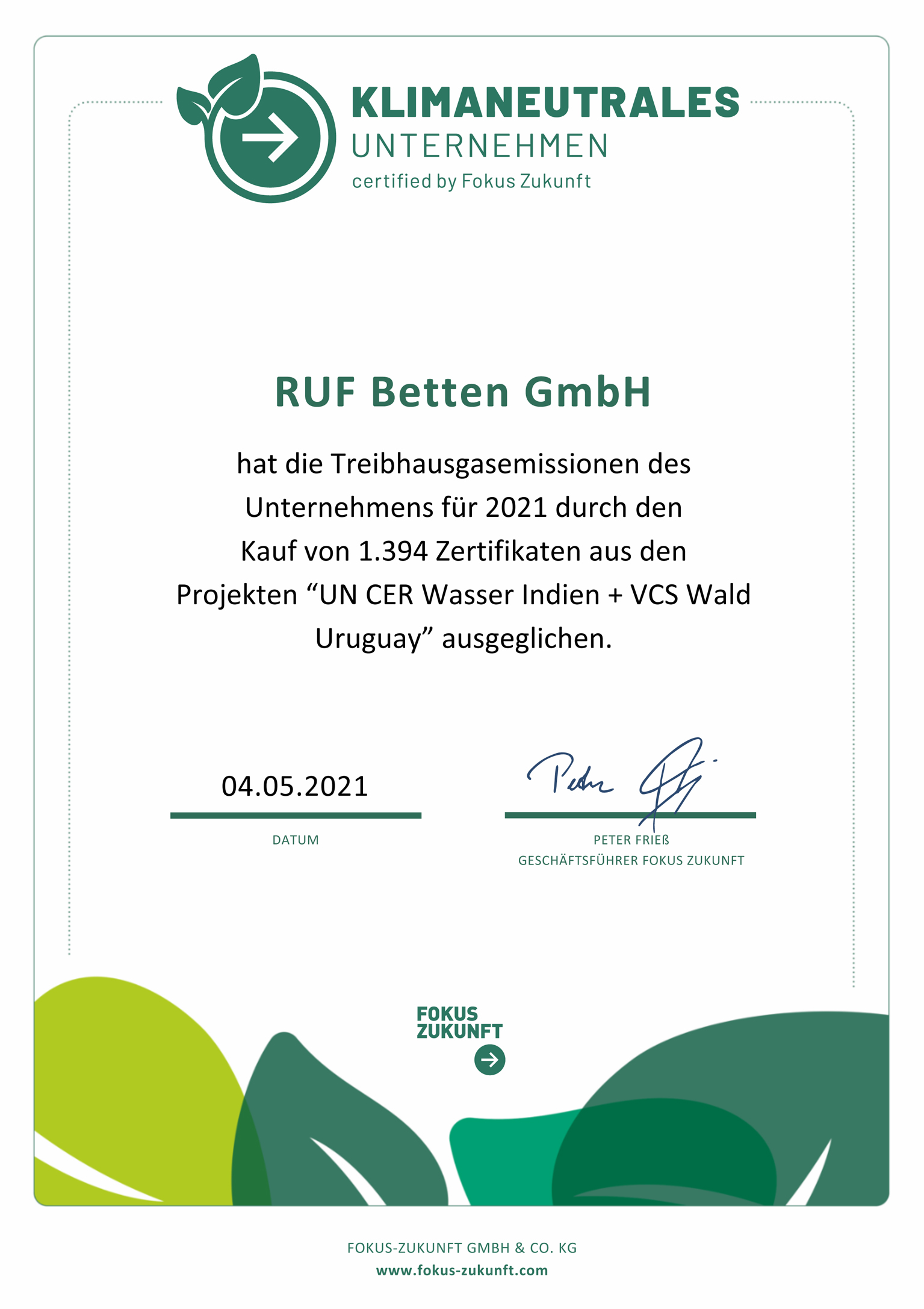 Ruf Betten gleicht CO2-Bilanz aus