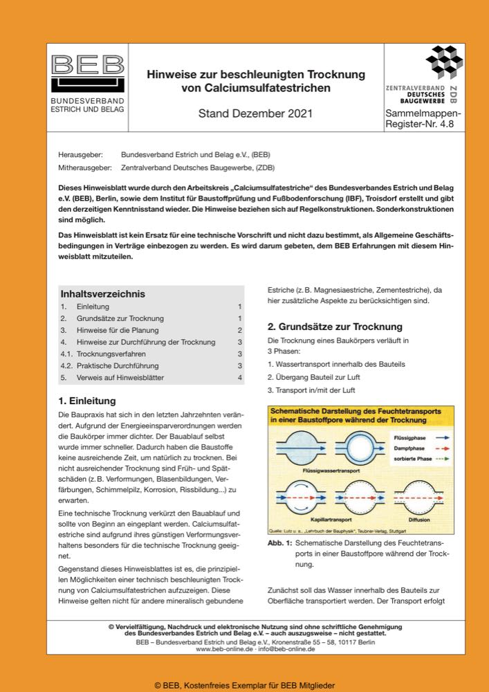  BEB: Hinweisblatt zur beschleunigten Trocknung von Calciumsulfatestrichen überarbeitet