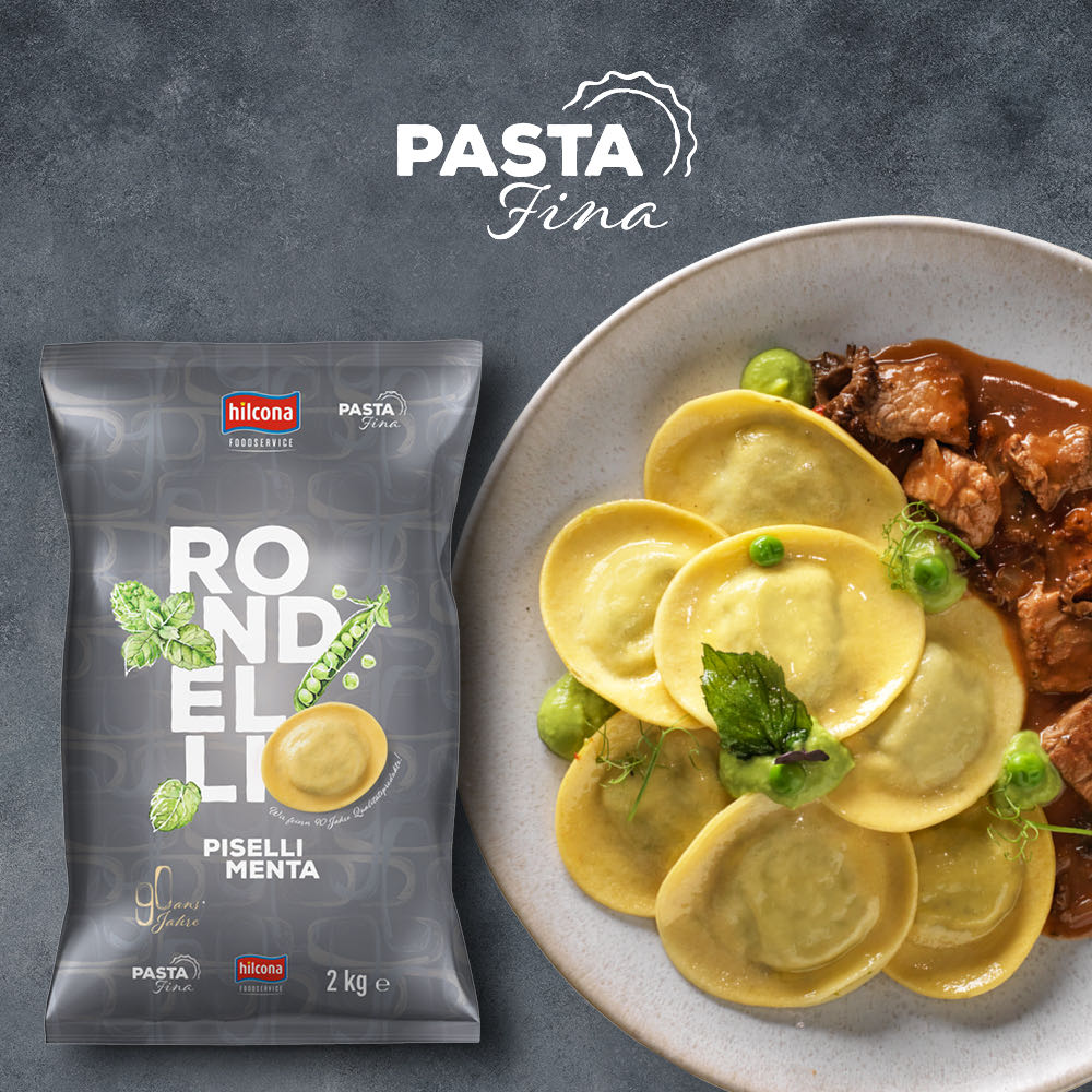 Pasta Fina Jubiläumspasta: die Rondelli Pisell Menta haben Haute-Cuisine-Charakter. Hilcona Foodservice | Rondelli Piselli Menta