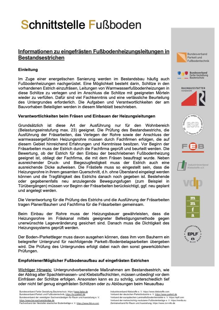  Schnittstelle Fußboden: Informationen zu eingefrästen Heizungsrohrleitungen veröffentlicht
