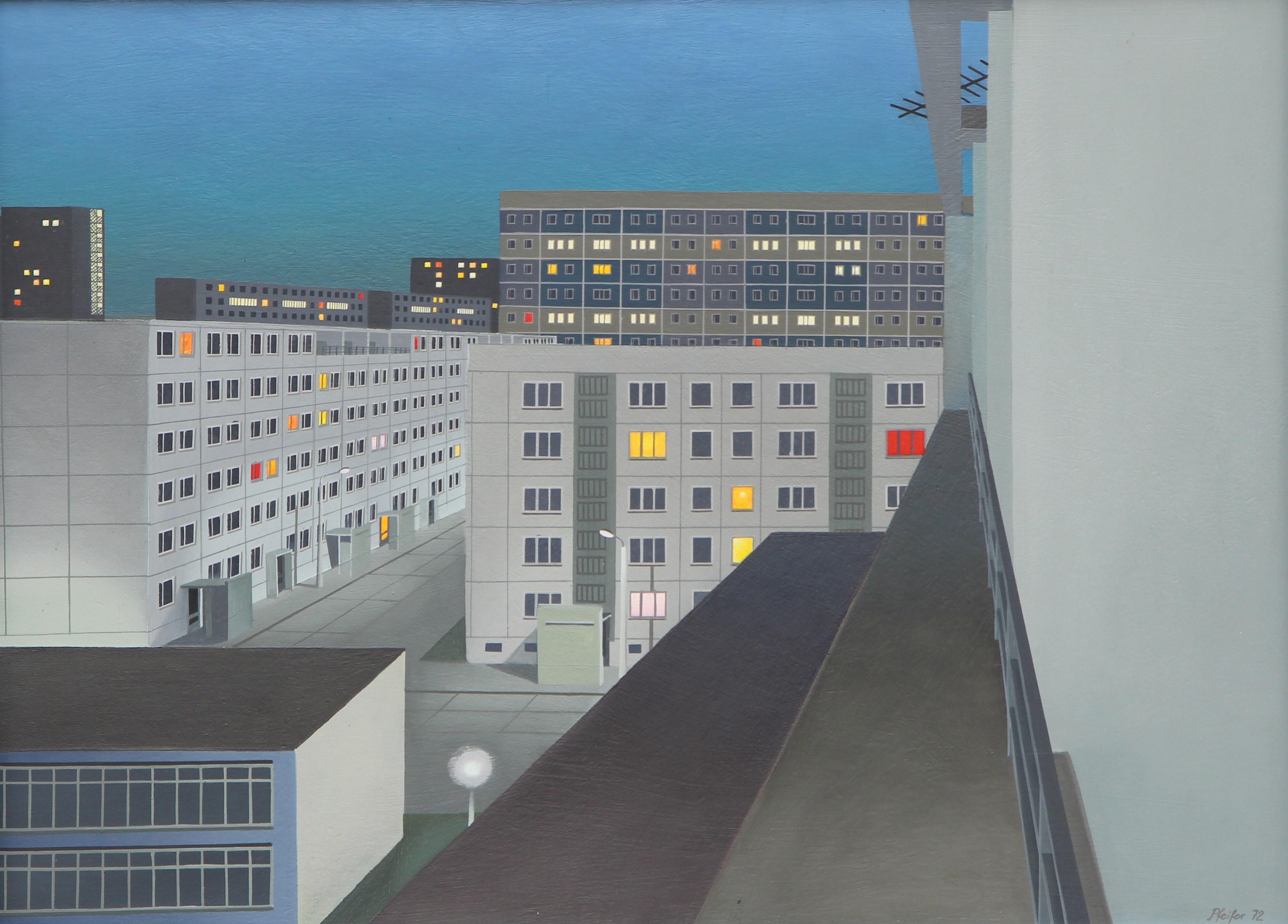 „Häuser am Abend“ – Gemälde von Uwe Pfeifer Träume im Plattenbau