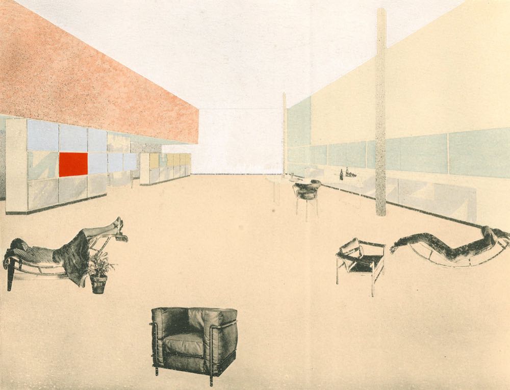 Charlotte Perriand, Gouache u. Fotomontage des „Équipement Intérieur d’unehabitation“, gezeigt im Salon d’automne 1929, veröffentlicht in L’Architecture vivante, 1930, Sammlung Kunstmuseen Krefeld. Hommage an eine Pionierin