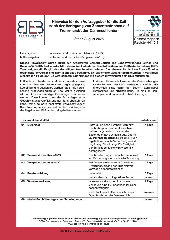  BEB: Hinweisblatt zur Zeit nach der Verlegung von Zementestrichen