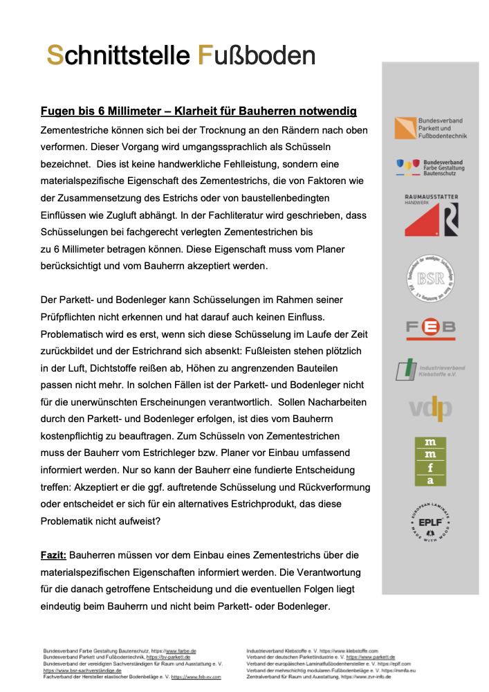  Schnittstelle Fußboden veröffentlicht Merkblatt zu Randverformungen in Zementestrichen