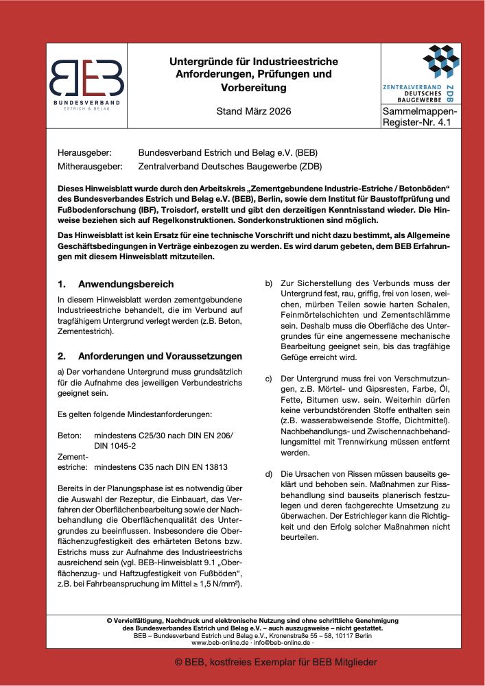 BEB veröffentlicht Hinweisblatt 4.1 Untergründe für Industrieestriche