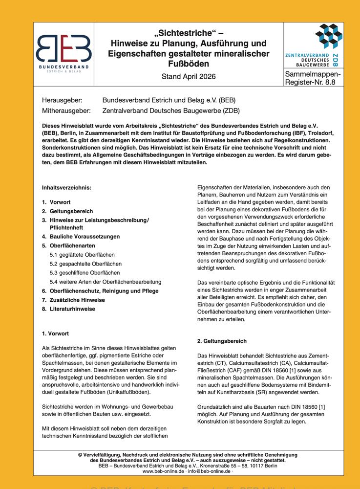  BEB veröffentlicht Hinweisblatt zur Planung und Ausführung von Sichtestrichen