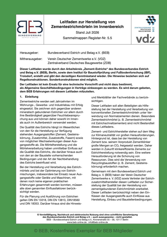  BEB: Arbeitsblätter Reaktionsharz-Industrieböden und Herstellung von Zementestrichmörteln neu aufgelegt