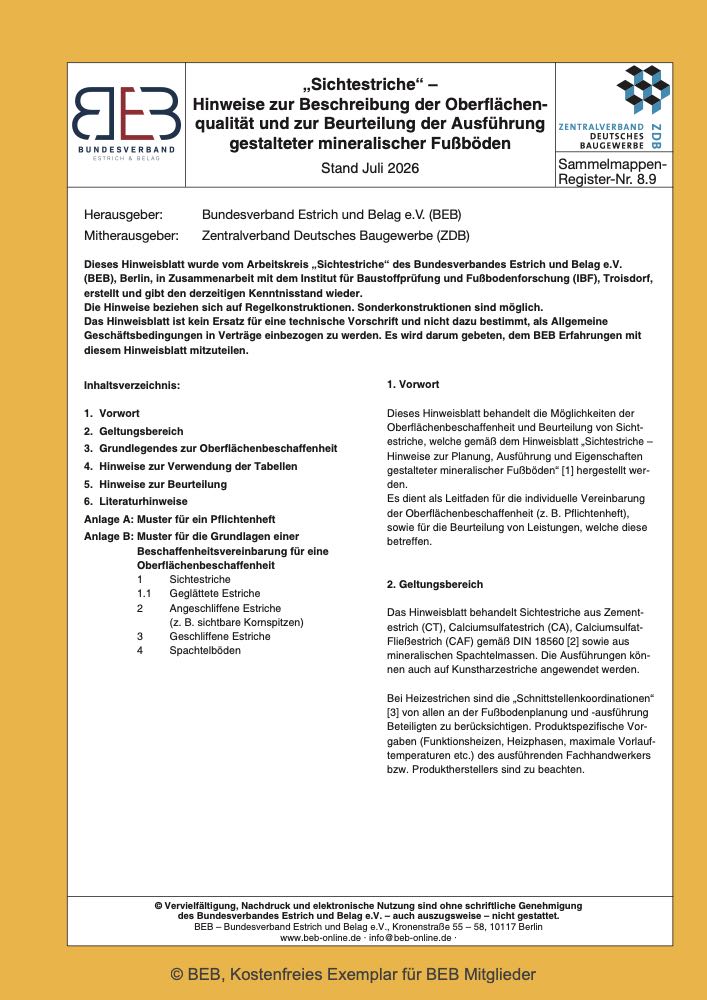 BEB: Arbeitsblatt 8.9 zur Beschreibung der Sichtestrich-Oberflächenqualität neu veröffentlicht