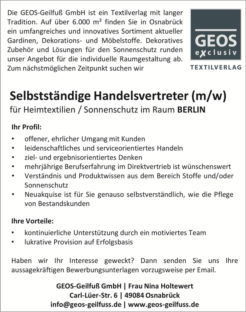 Handelsvertreter (m/w) für Heimtextilien und Sonnenschutz