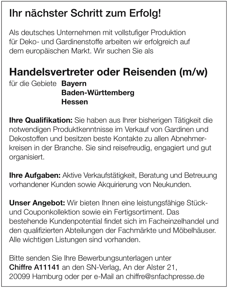 Handelsvertreter oder Reisender (m/w) für Deko- und Gardinenstoffe