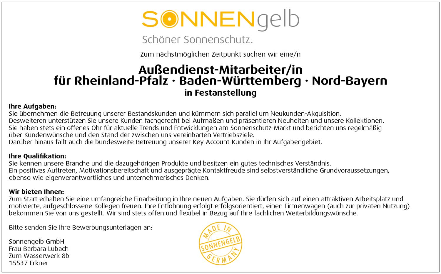 Außendienstmitarbeiter/in für Sonnenschutz