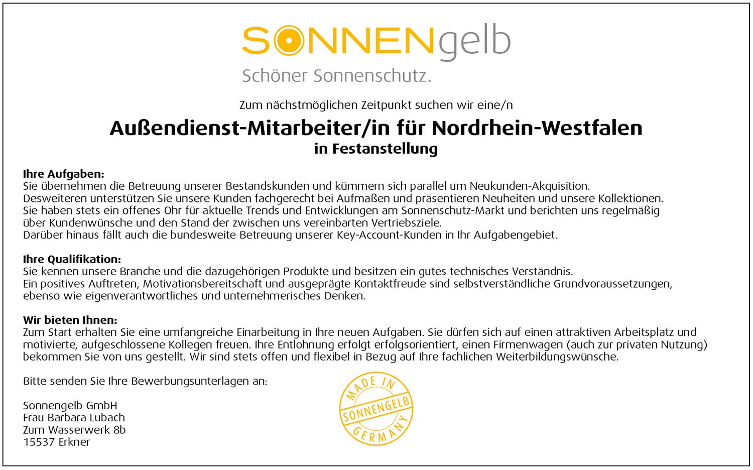 Außendienstmitarbeiter/in für Sonnenschutz