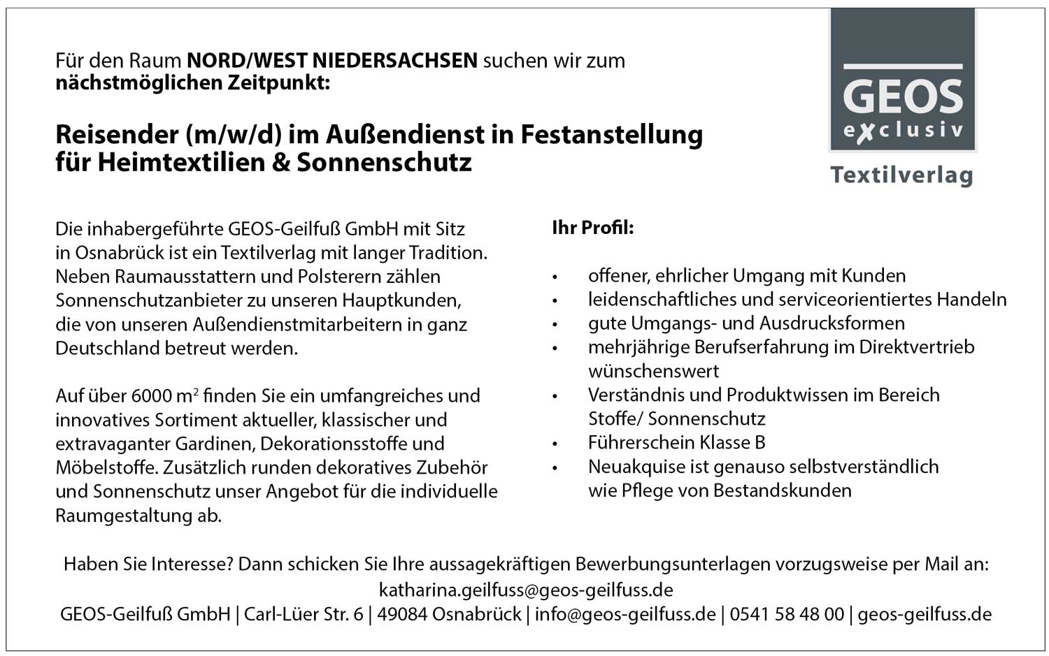 Reisender (m/w/d) in Festanstellung für Heimtextilien und Sonnenschutz