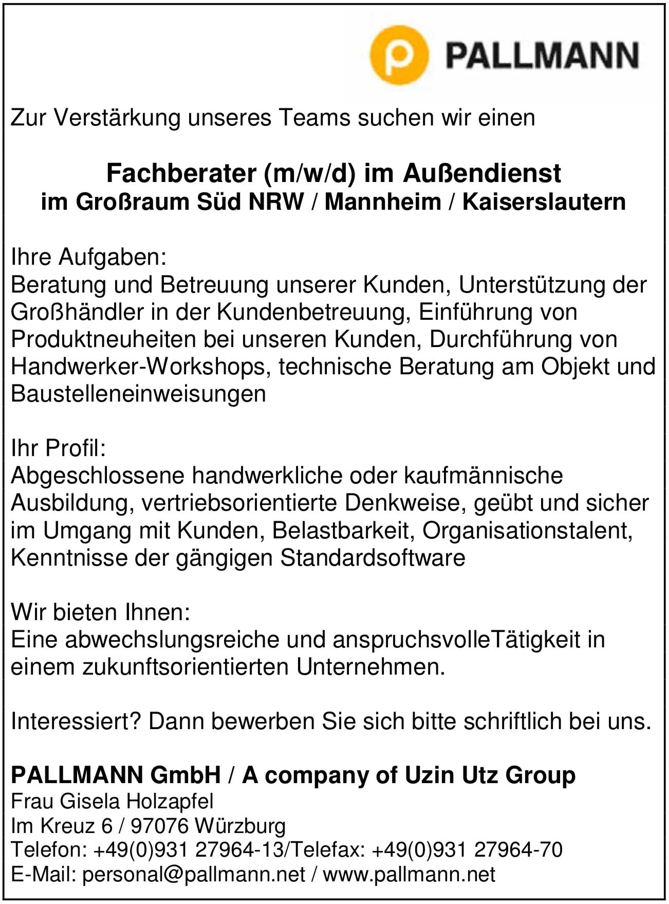 Fachberater (m/w/d) im Außendienst für Oberflächenprodukte für Parkett