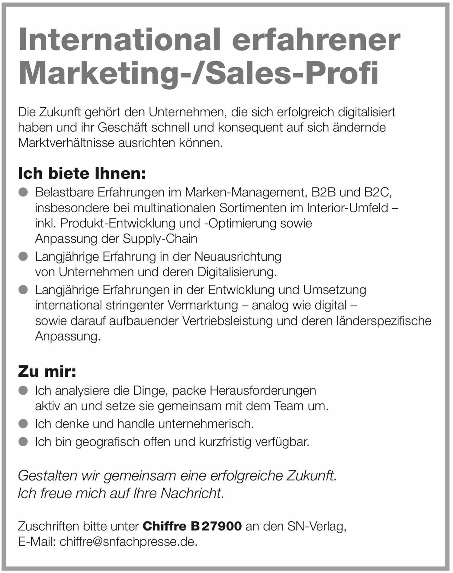 International erfahrener Marketing-/Sales-Profi