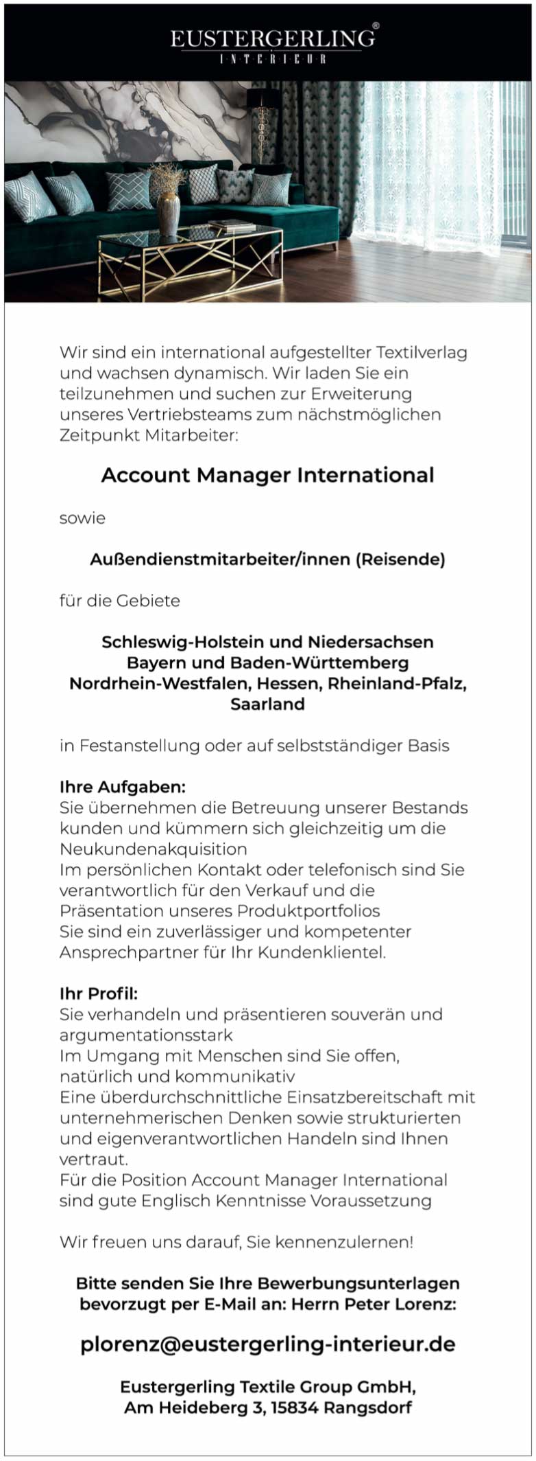 Account Manager International in Textilverlag