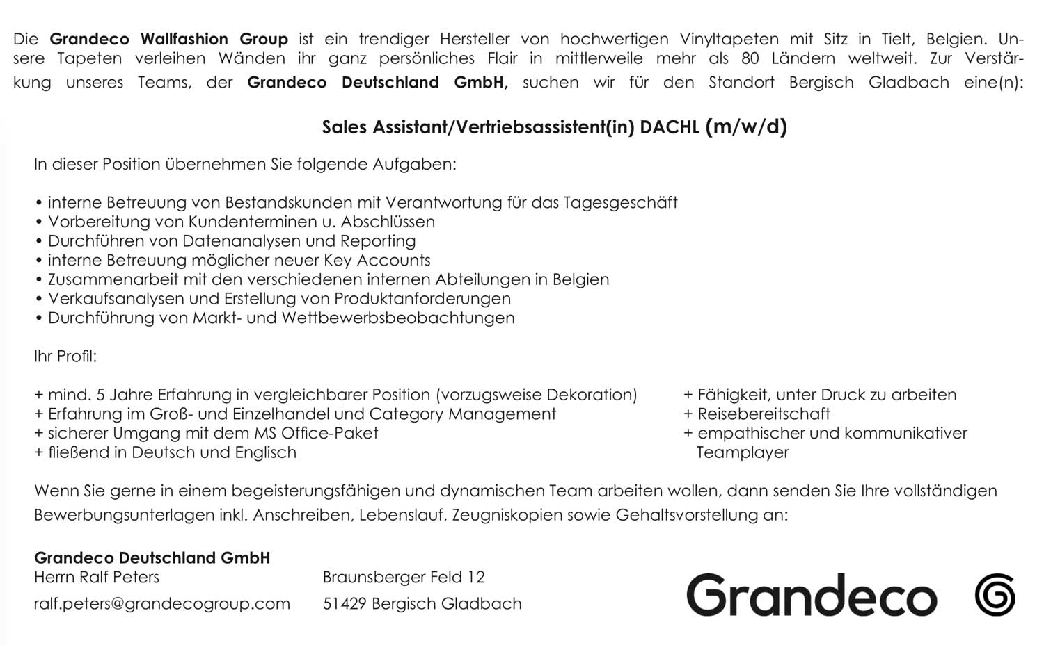 Vertriebsassistent/in D/A/CH/L (m/w/d) für Tapeten