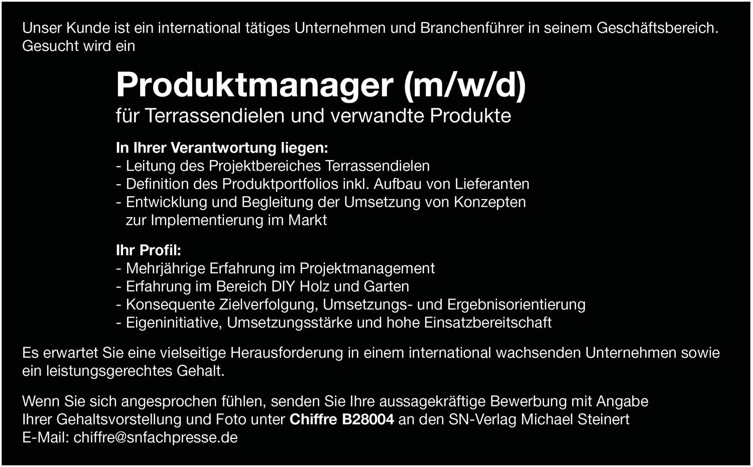 Produktmanager (m/w/d) für Terrassendielen und verwandte Produkte