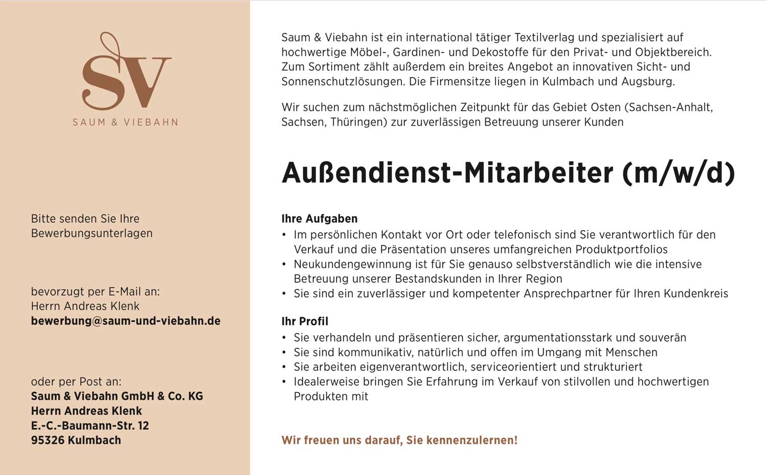 Außendienstmitarbeiter (m/w/d) für Textilverlag