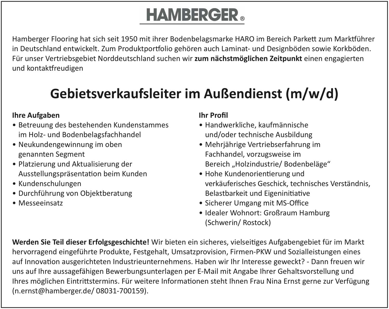 Gebietsverkaufsleiter im Außendienst (m/w/d) für Parkett und Bodenbeläge