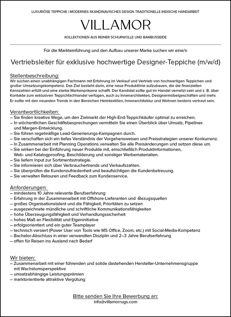Vertriebsleiter für exklusive hochwertige Designer-Teppiche (m/w/d) Vertriebsleiter für exklusive hochwertige Designer-Teppiche (m/w/d)
