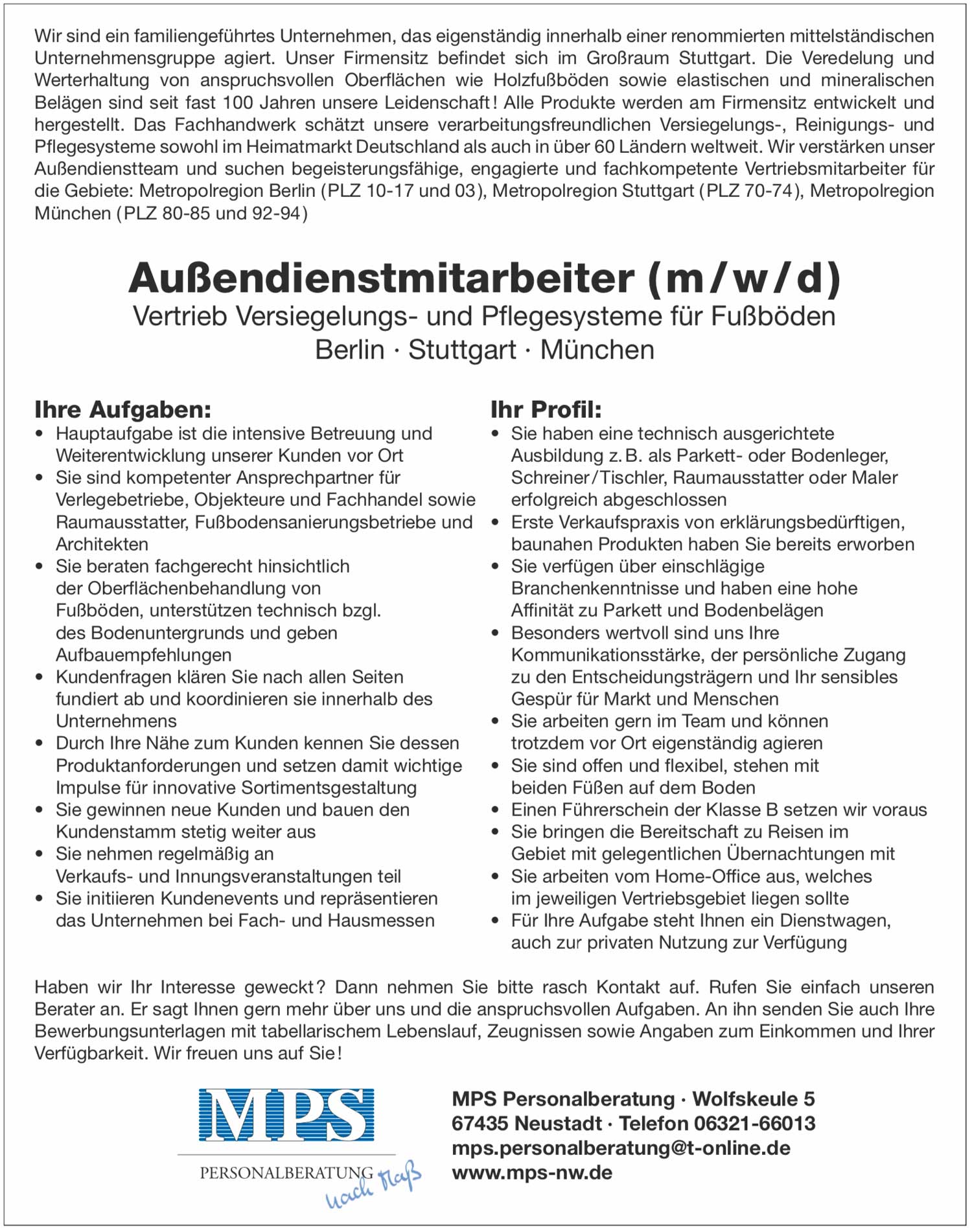 Außendienstmitarbeiter (m/w/d) für Versiegelungs- und Pflegesysteme für Fußböden