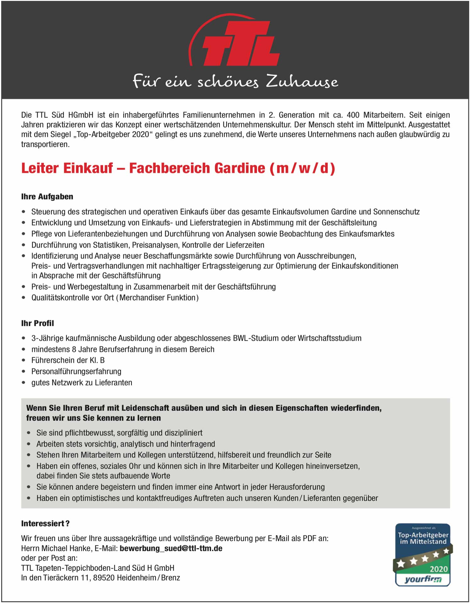 Leiter Einkauf - Fachbereich Gardine (m/w/d)