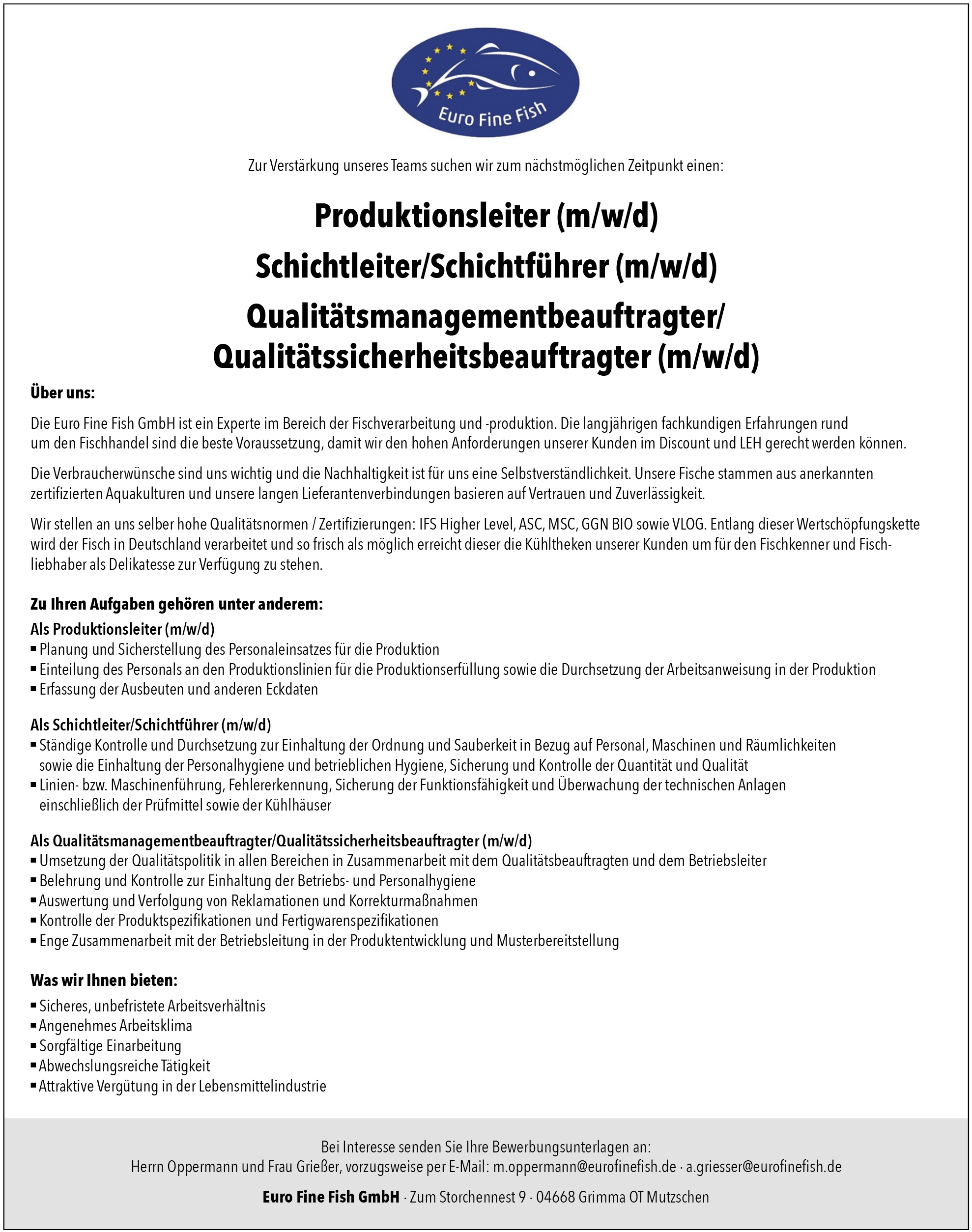 Produktionsleiter (m/w/d), Schichtleiter (m/w/d), Qualitätsbeauftragter (m/w/d)