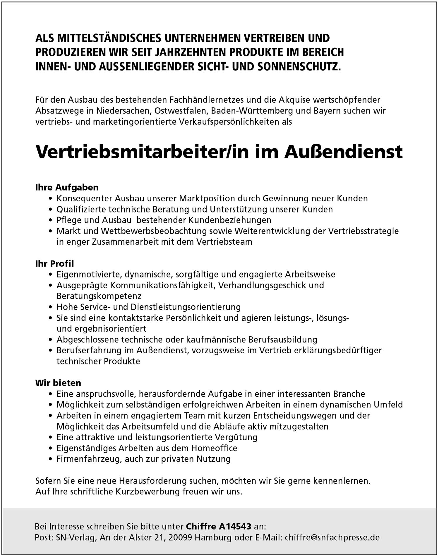 Vertriebsmitarbeiter/in im Außendienst für Sicht- und Sonnenschutz