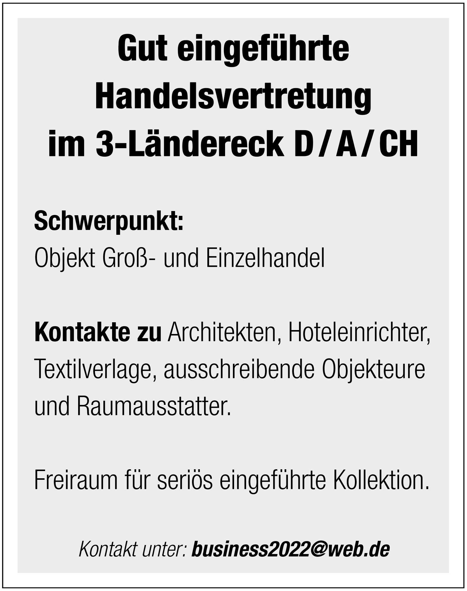 Handelsvertretung sucht seriös eingeführte Kollektion