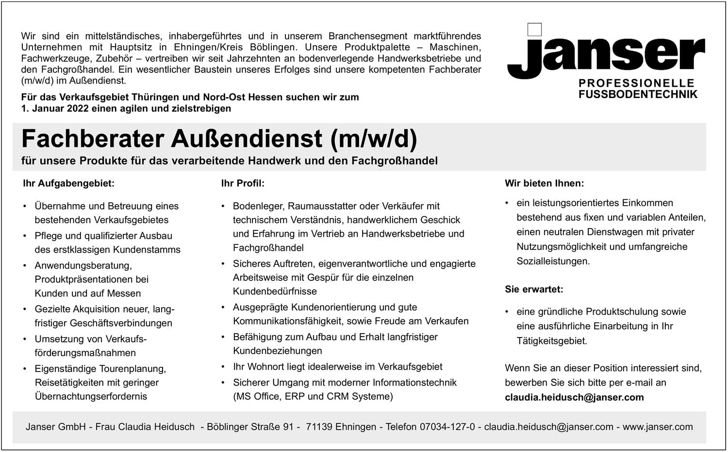 Fachberater im Außendienst (m/w/d) für Maschinen, Fachwerkzeuge, Zubehör