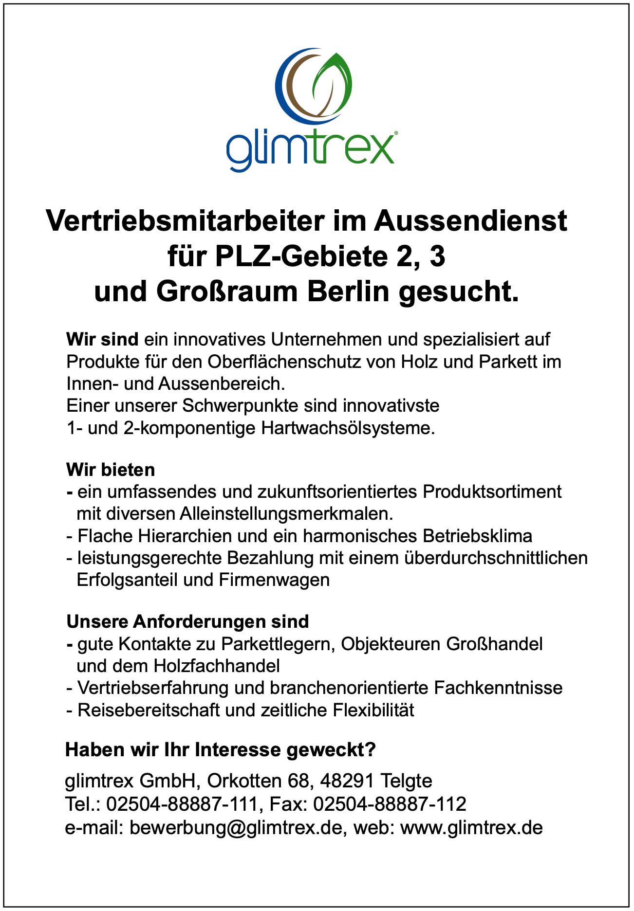 Vertriebsmitarbeiter im Außendienst für Oberflächenschutz von Holz und Parkett