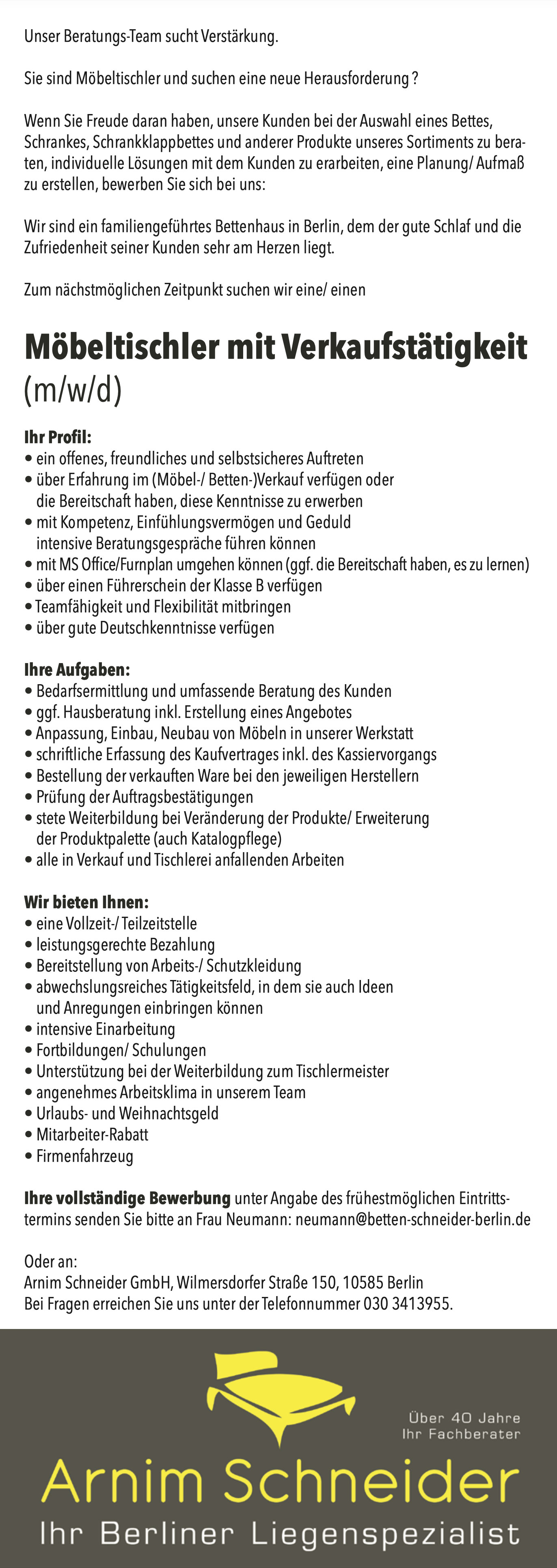 Möbeltischler mit Verkaufstätigkeit (m/w/d)