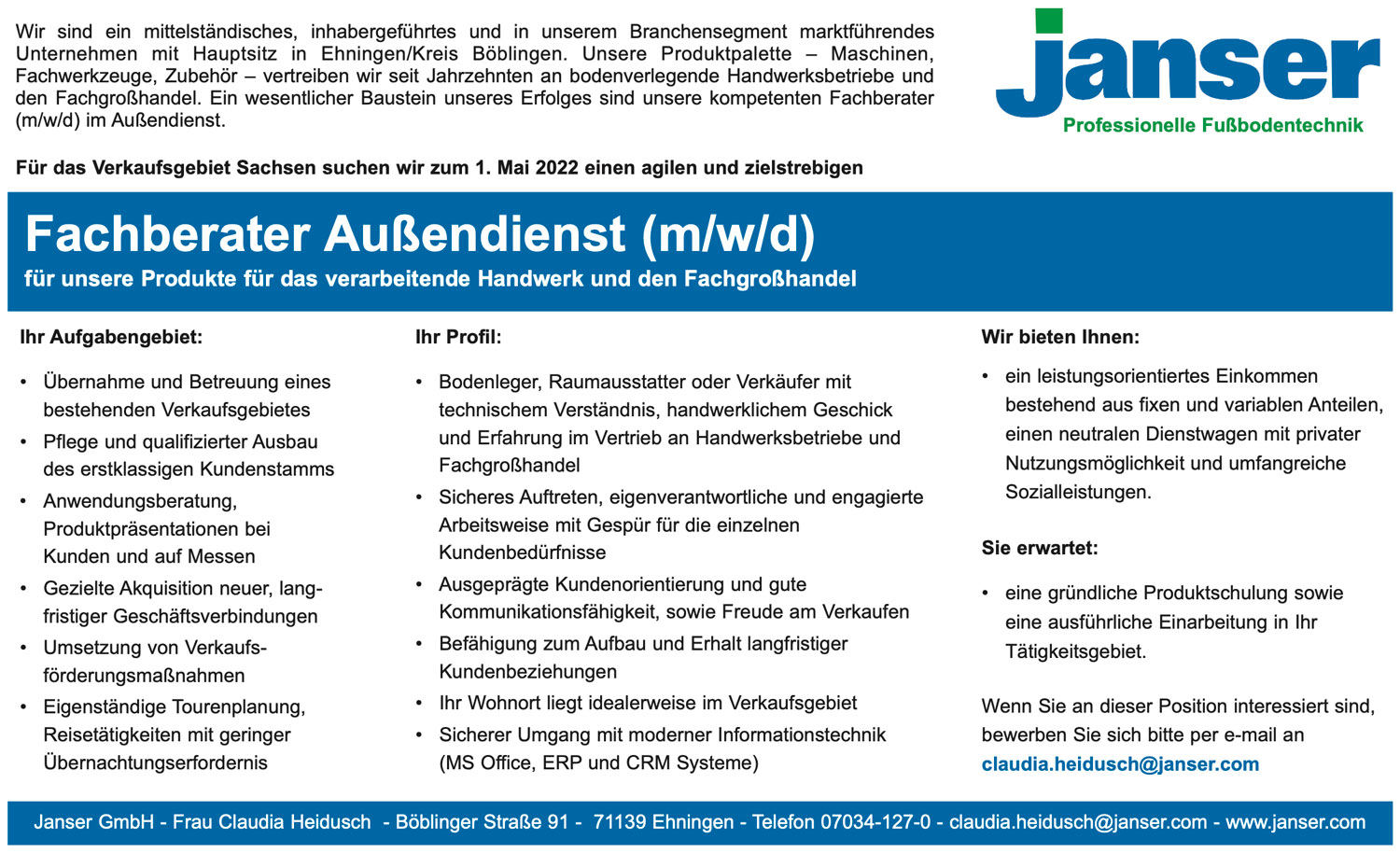 Fachberater Außendienst (m/w/d) für Maschinen und Werkzeuge