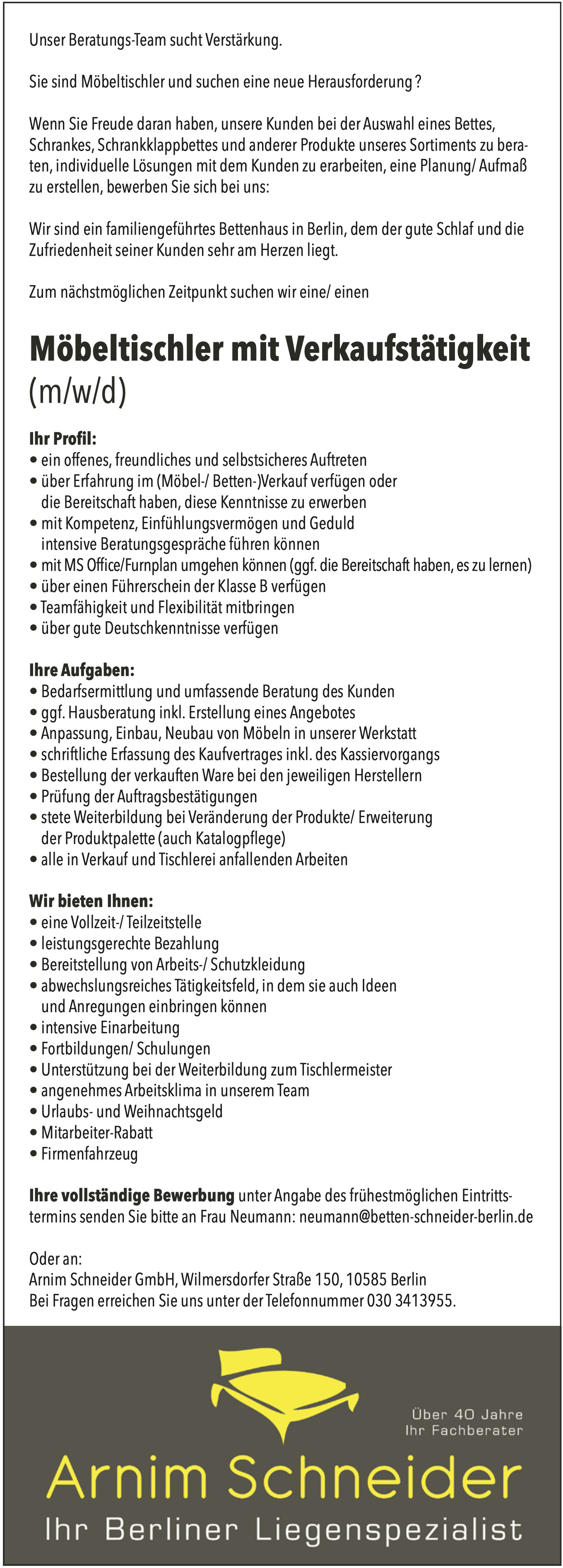 Möbeltischler mit Verkaufstätigkeit (m/w/d)