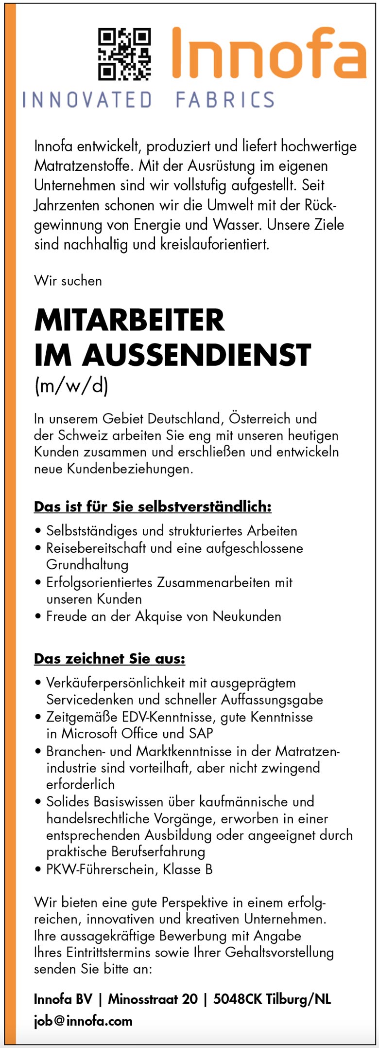 Mitarbeiter im Außendienst (m/w/d) für Matratzenstoffe