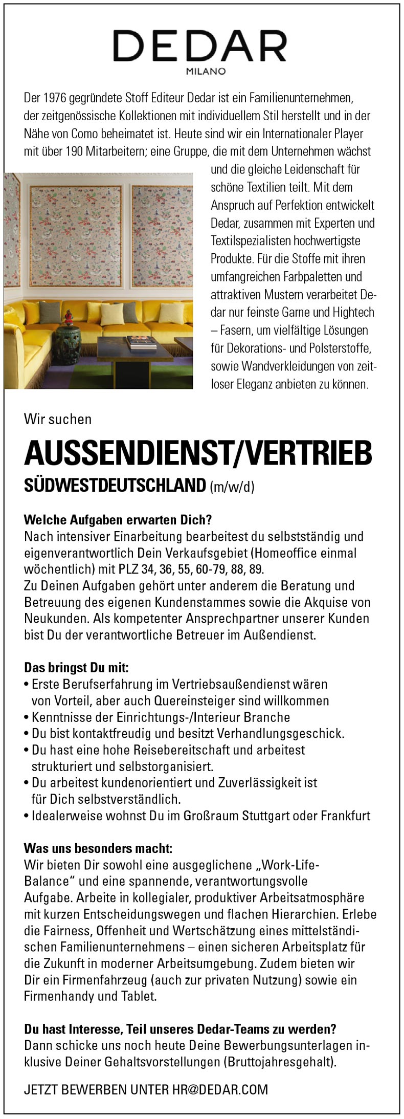 Außendienst/Vertrieb (m/w/d) für Deko- und Polsterstoffe
