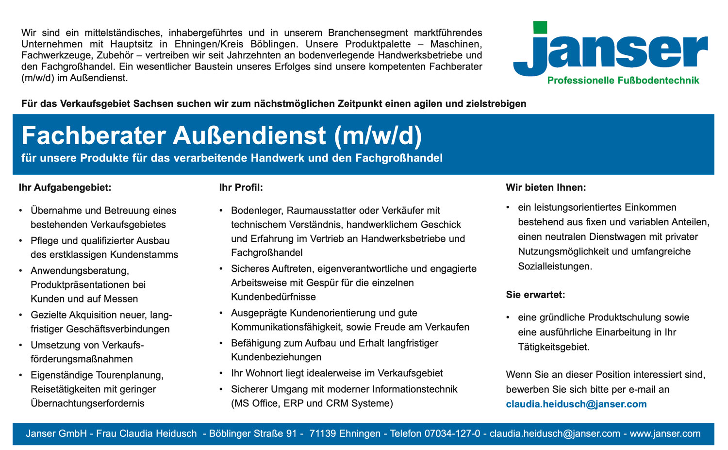 Fachberater Außendienst (m/w/d) für Maschinen und Fachwerkzeuge