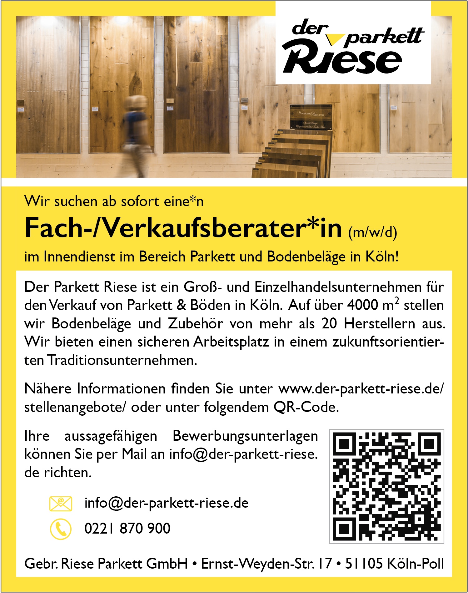 Fach-/Verkaufsberater*in (m/w/d) im Innendienst für Parkett und Bodenbeläge