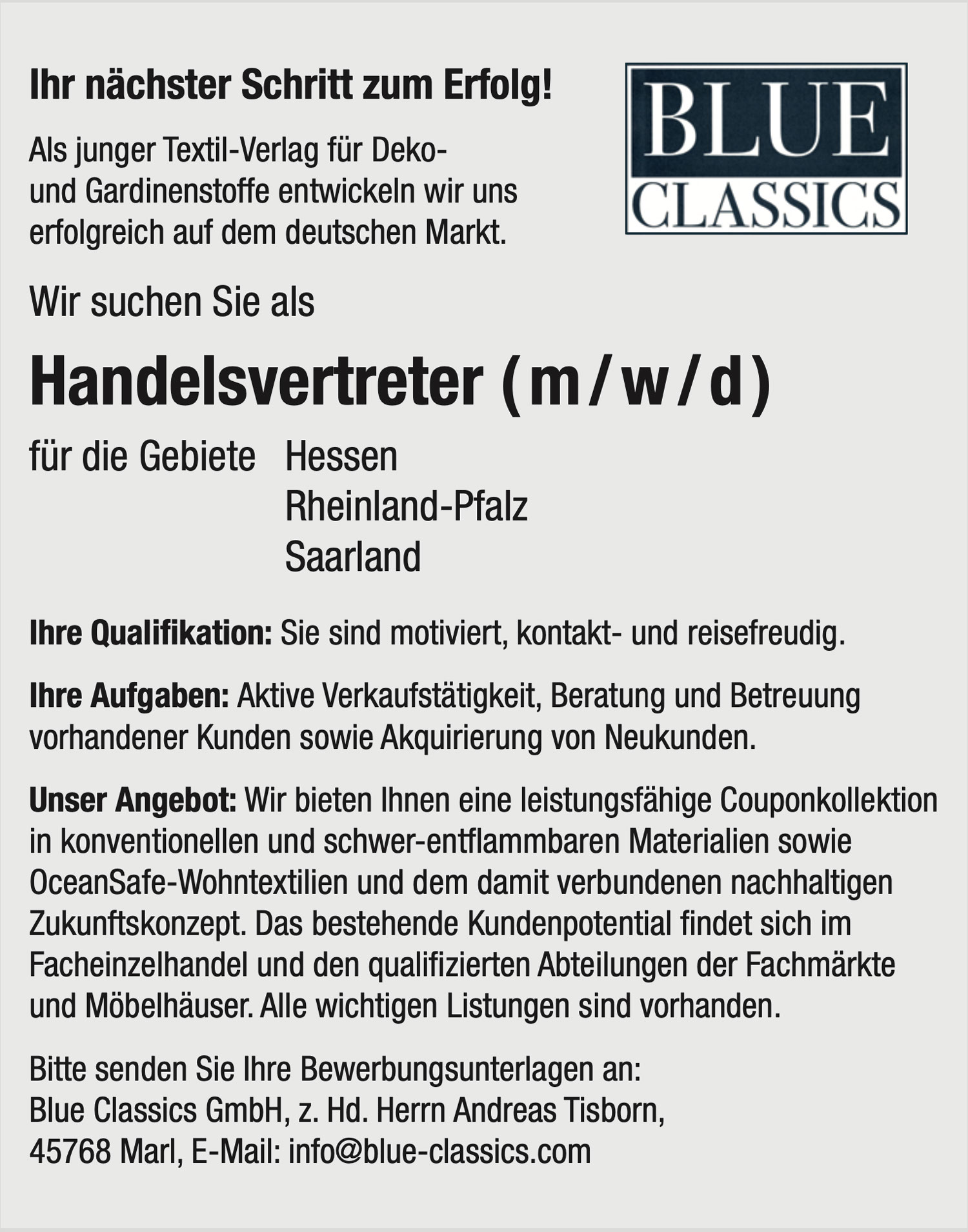 Handelsvertreter (m/w/d) für Deko- und Gardinenstoffe