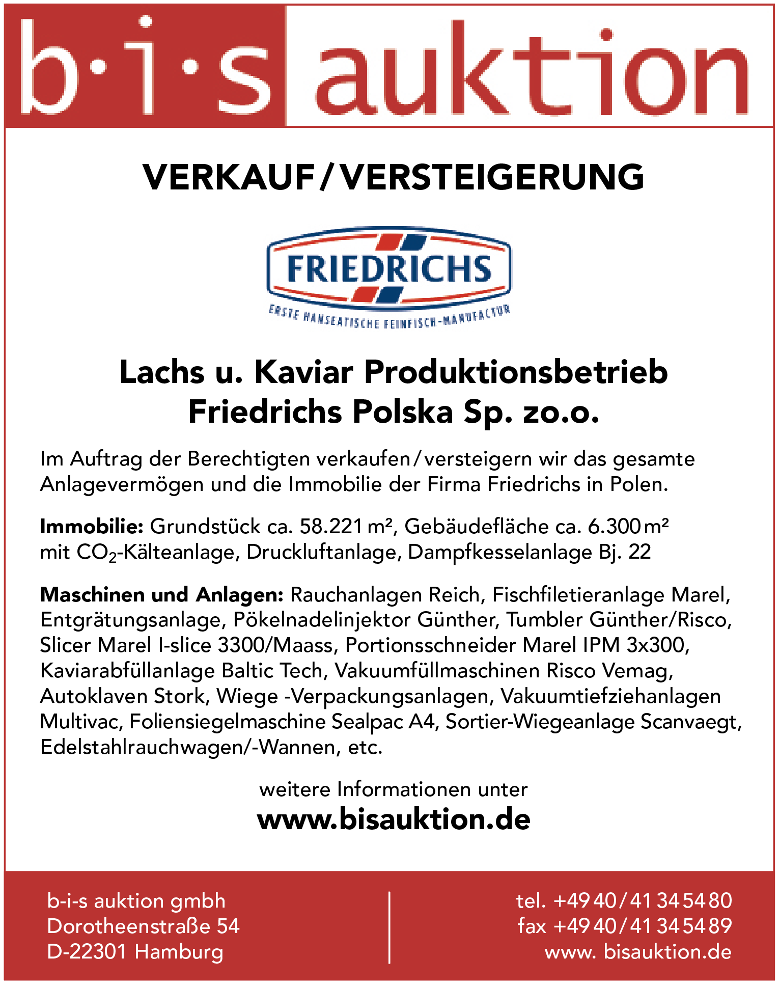 Verkauf/Versteigerung Produktionsbetrieb Friedrichs Polska