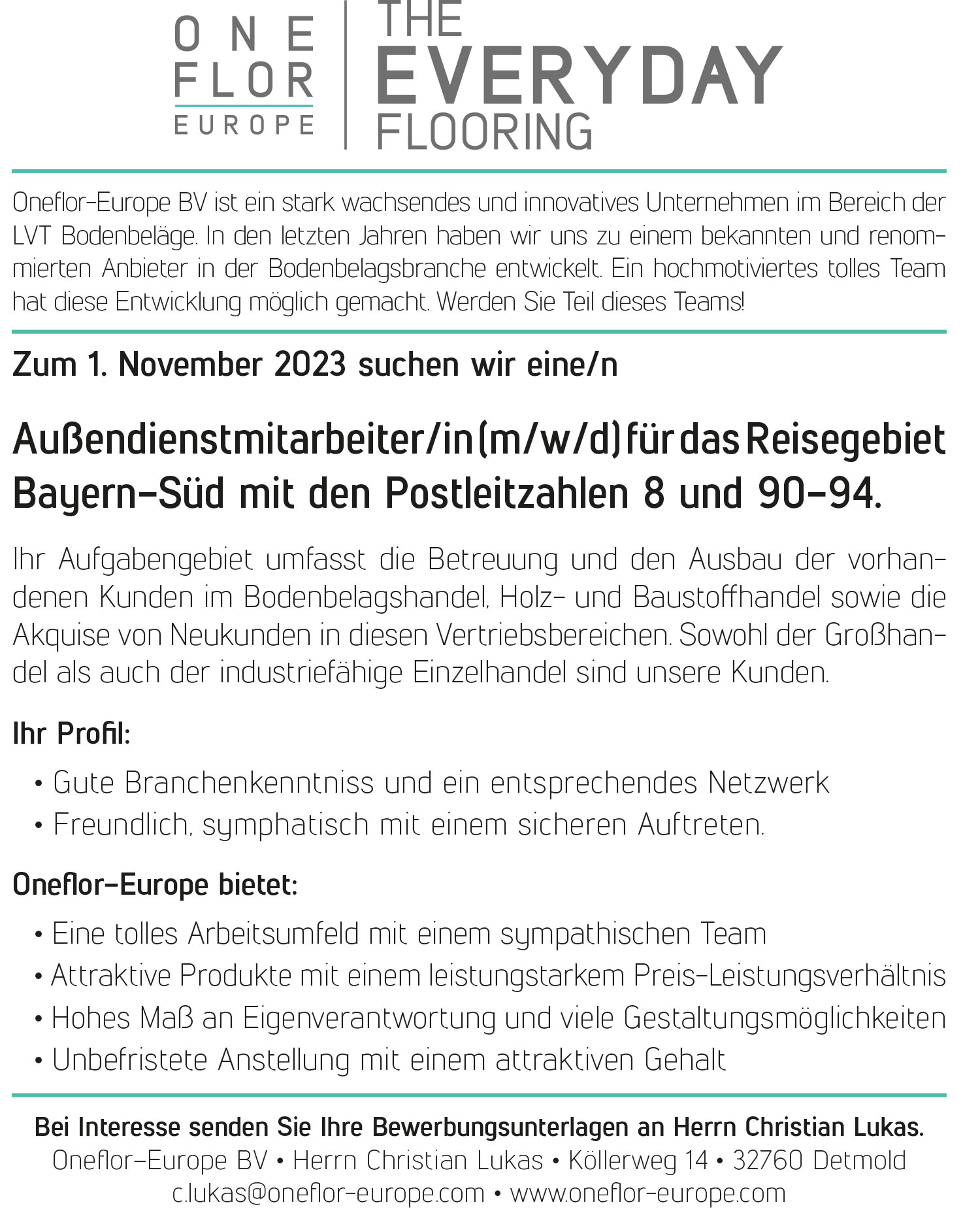 Außendienstmitarbeiter (m/w/d) für LVT-Bodenbeläge