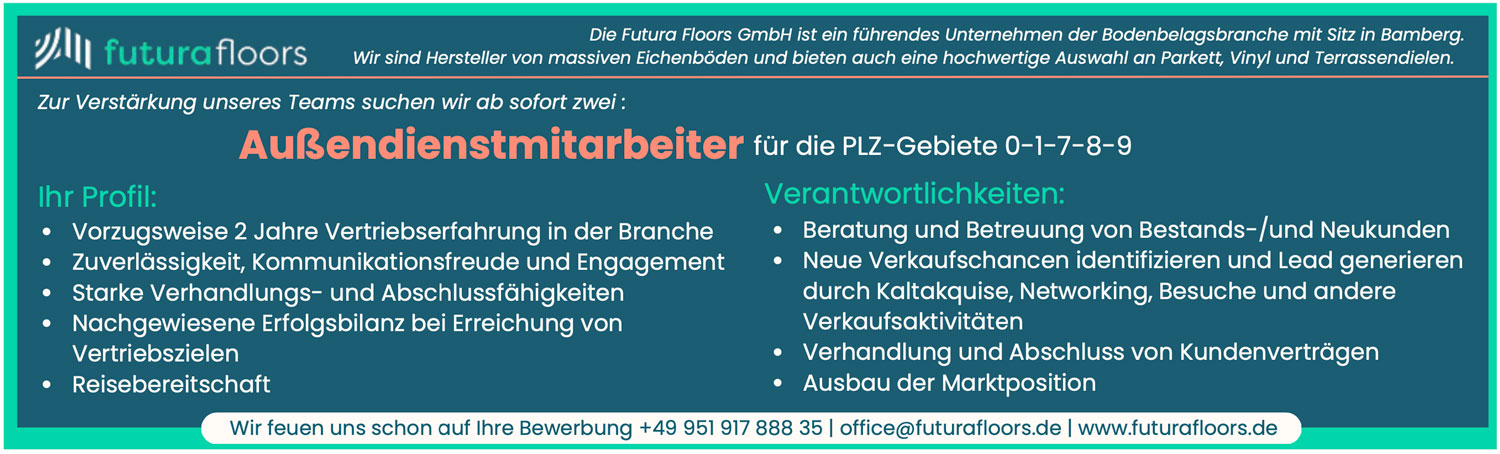 Außendienstmitarbeiter für Parkett, Terrassendielen, elastische Bodenbeläge