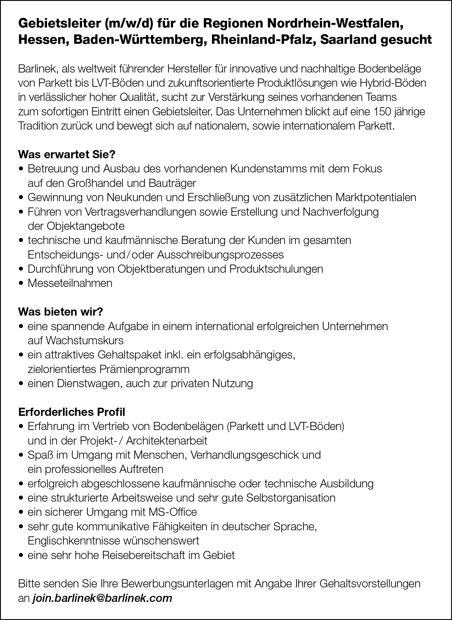 Gebietsleiter (m/w/d) für Bodenbeläge