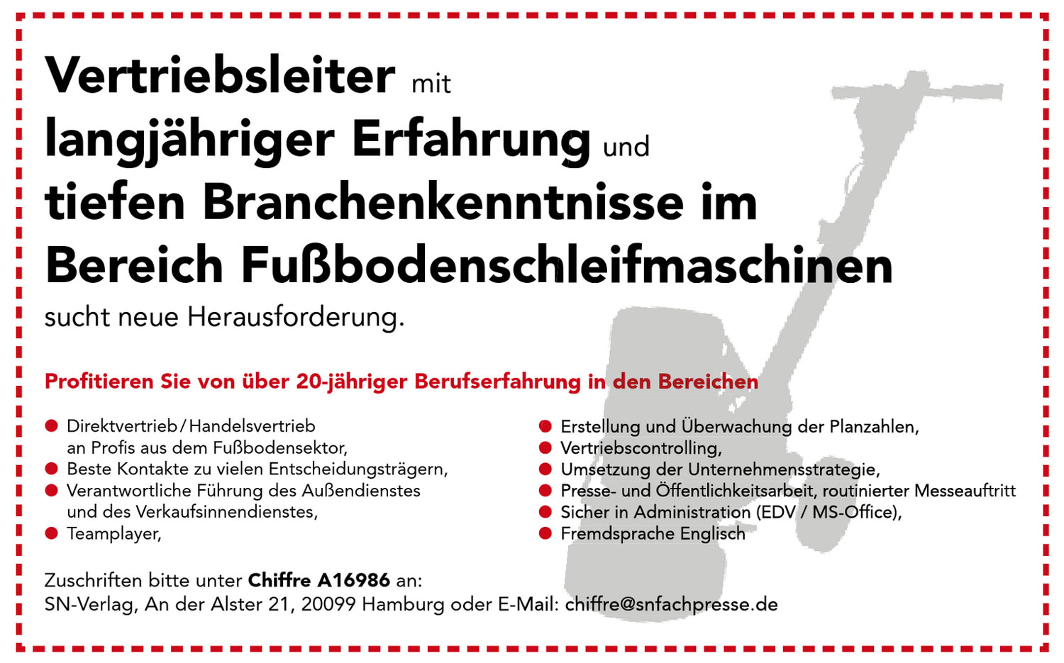 Vertriebsleiter mit Erfahrung im Bereich Fußbodenschleifmaschinen sucht neue Herausforderung