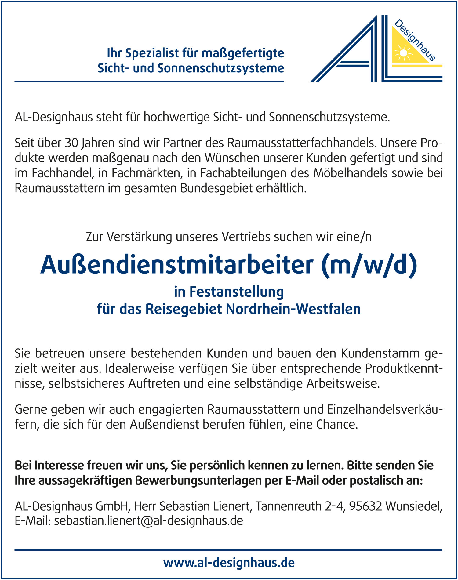 Außendienstmitarbeiter (m/w/d) für Sicht- und Sonnenschutz
