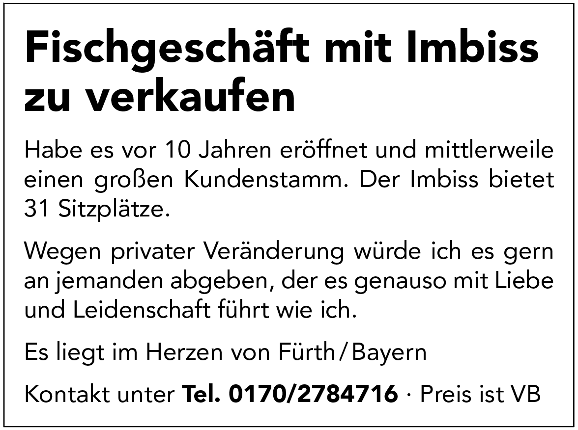 Fischgeschäft mit Imbiss zu verkaufen