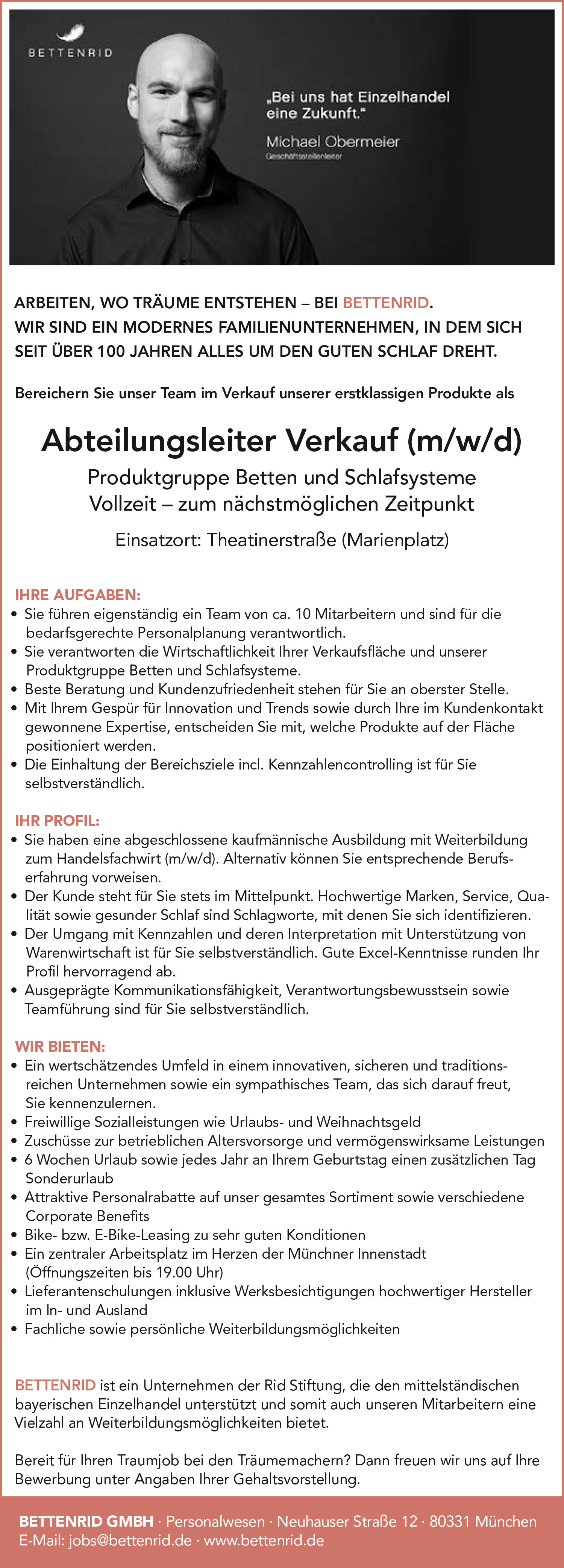 Abteilungsleiter (m/w/d) für Betten und Schlafsysteme
