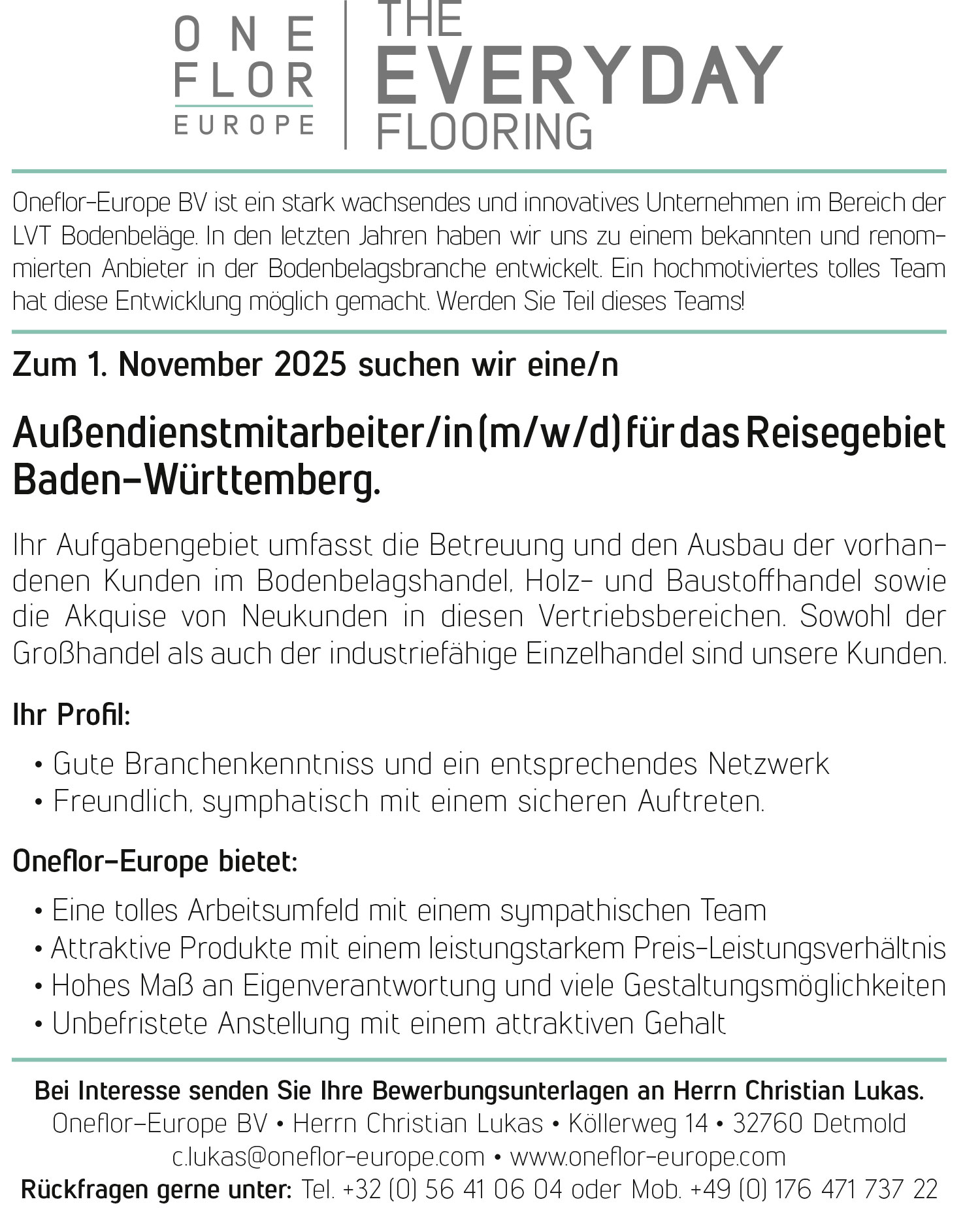 Außendienstmitarbeiter (m/w/d) für Designbeläge